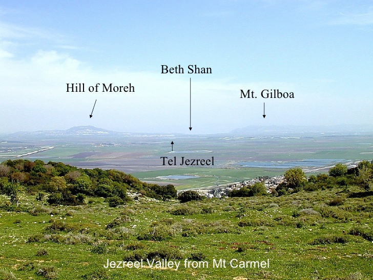 jezreel valley from mount carmel, with hill of morech, beth shan and mount gilboa labelled