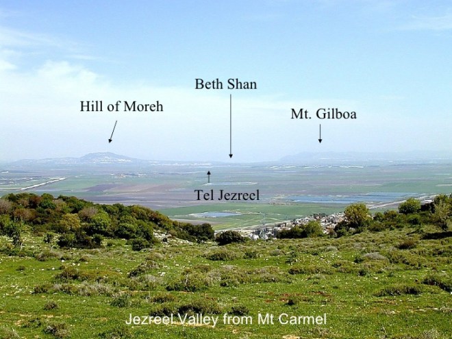 jezreel valley from mount carmel, with hill of morech, beth shan and mount gilboa labelled