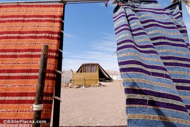 Tabernacle model from outside courtyard, bibleplaces